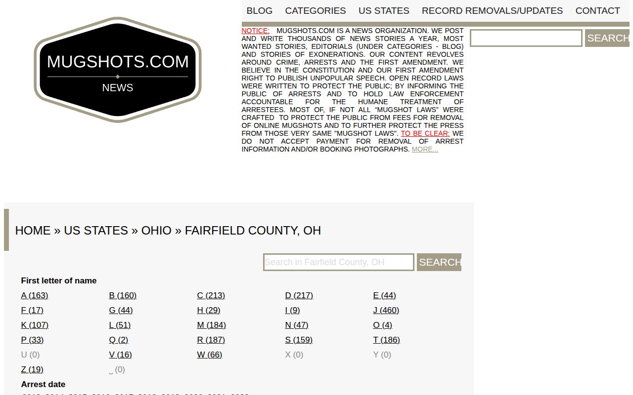 Fairfield County historical mugshot archive source interface